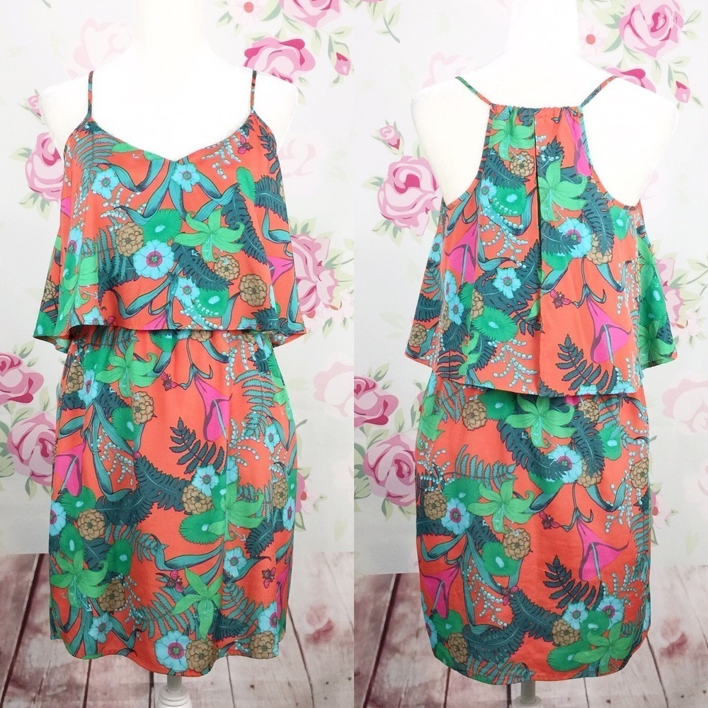Bar III Tropical Print Layer Flounce Summer Dress S